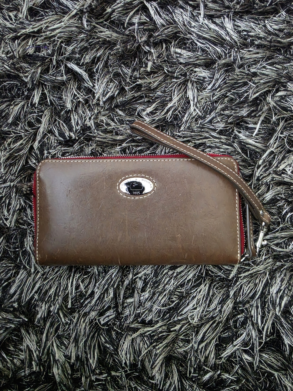 Brown Wristlet Wallet with Red Zipper Trim